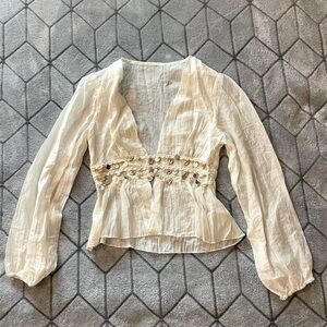 Cream Boho Peasant Blouse Sheer Long Sleeve Cottagecore Top